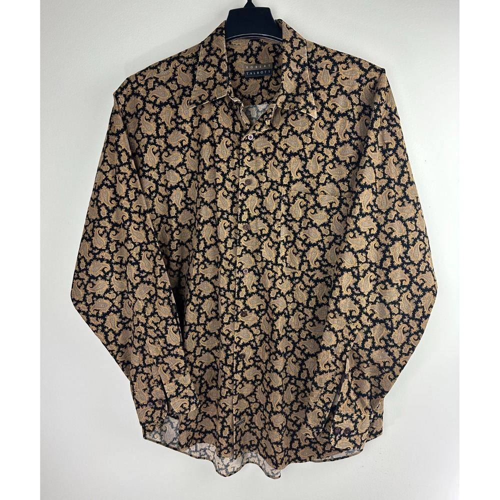 Vintage Robert Talbott Paisley Corduroy Button Down Shirt Black Gold Men's XL LS - Picture 2 of 11